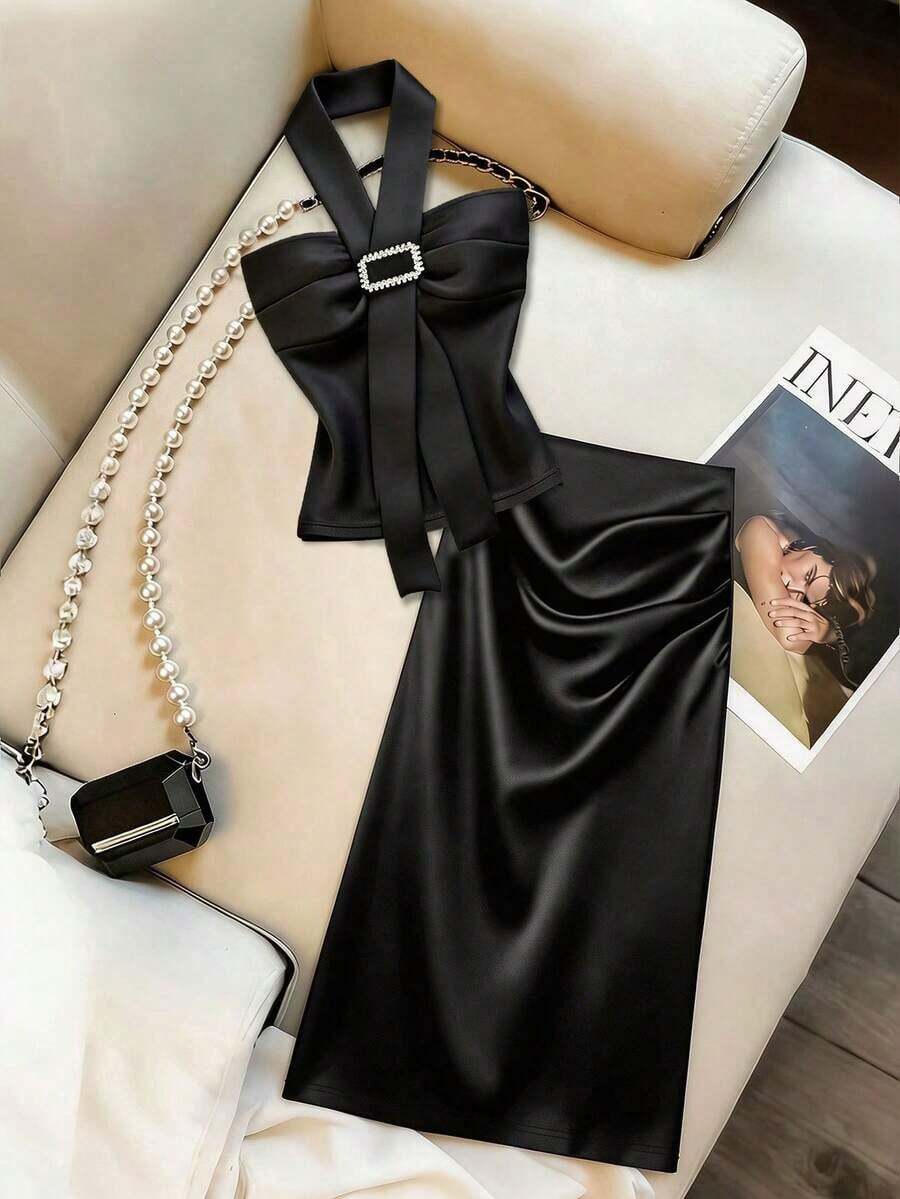 Conjunto de falda y blusa de satén con pliegues en la cintura, estilo de oficina, adecuado para ir al trabajo, eventos sociales ligeros, fiestas, salidas diarias, citas y otras ocasiones - Negro - Ver 1