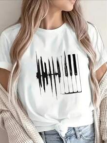 1 camiseta de manga corta de poliéster, con diseño de ondas de piano, ligera y duradera, adecuada para uso casual en casa, en cafeterías o estudios de música, cómoda y ajustada para el uso diario, 180g Algodón 100%. - Blanco - Ver 12