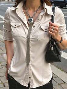 Camisa informal de manga larga en color caqui con cintura ceñida y utilidad, vestimenta casual para exteriores y para ir al trabajo, otoño - Blanco - Ver 6