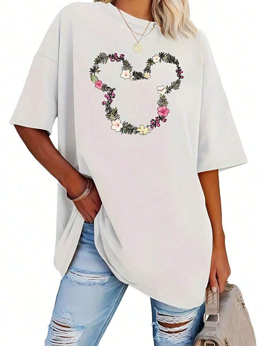 Castle Exquisite Graphic Print Women's Tops, Elegant Short Sleeve T-Shirt With Round Neck And Plus Sizes, Soft, Pleasant To The Touch, Loose, Casual, Versatile, For Daily Wear. - trắng - Xem 1