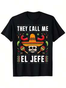 Me llaman El Hefe, camiseta de Carnaval Mexicano con diseño de máscara de calavera y chaleco de Macassar, corte holgado, manga corta, casual, transpirable, suave, imprescindible para verano, primavera y otoño - una idea de regalo única para hombres, una camiseta divertida para cumpleaños, días festivos o uso diario. - Negro - Ver 1