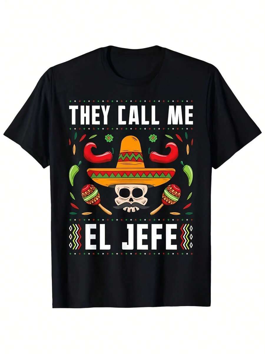 Me llaman El Hefe, camiseta de Carnaval Mexicano con diseño de máscara de calavera y chaleco de Macassar, corte holgado, manga corta, casual, transpirable, suave, imprescindible para verano, primavera y otoño - una idea de regalo única para hombres, una camiseta divertida para cumpleaños, días festivos o uso diario. - Negro - Ver 1