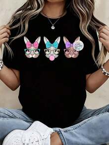 Camiseta ModernoCute con Estampado de Conejitos Coloridos con Gafas y Lazos para Mujer, Ropa Casual, Atuendo de Pascua, Moda de Primavera - Negro - Ver 1