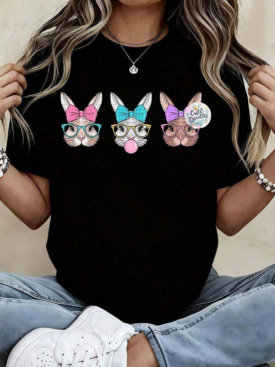ModernCute T-Shirt With Colorful Bunny Print With Glasses And Bows For Women, Casual Wear, Easter Outfit, Spring Fashion - màu đen - Xem 1