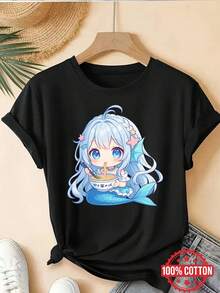 Camiseta de Mujer% Chibi Sirena Anime - Estilo Kawaii y manga, negra casual para verano con gráfico chibi e imagen delón lleno fideos, idea perfecta como atuendo playero, Camiseta de Anime para Mujeres, Camisetas para Mujer, Camiseta con Estampado Gráfico de Anime, Camiseta para Mujer, Camiseta Suave, Ropa de Anime, Ropa de Anime para Mujeres, Camisetas de Anime para Mujeres, Blusas y Tops para Mujer, Tops para Mujeres, Blusas y Tops para Mujer,Daily Casual Round Neck Short Sleeve-Shirt Women - Negro - Ver 7