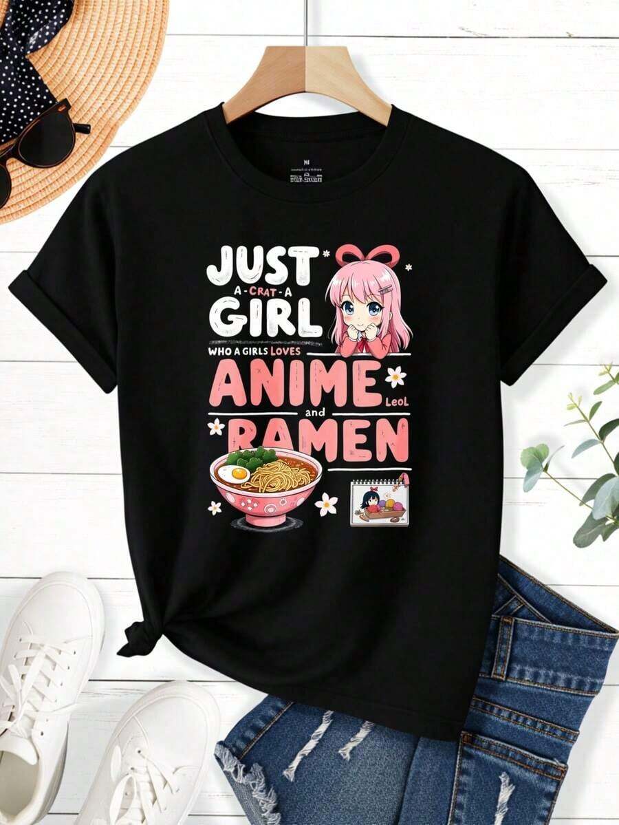 Solo Una Chica Que Ama El Anime Y El Ramen Camiseta Para Mujer Linda Chica Anime Con Tazón De Ramen Camiseta Gráfica Negra Informal Para Fanáticas De La Cultura Y La Comida Japonesa |   Diseño exquisito |   Suelto y cómodo |   Fácil de combinar | - Negro - Ver 1