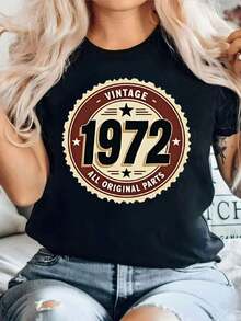 ComfortableCamiseta Vintage de Talla Grande para Mujer 1972 con Cuello Redondo y Estampado Gráfico - Top Retro de Manga Corta con Estrella y Letras, Tejido Elástico, Lavable a Máquina, Camiseta Casual de Primavera Verano Otoño, Moda Nostálgica, Ajuste CómodoFashion All-match Women's Short Sleeve T-shirt, Basic Style for Inner & Outer Wear - Negro - Ver 1