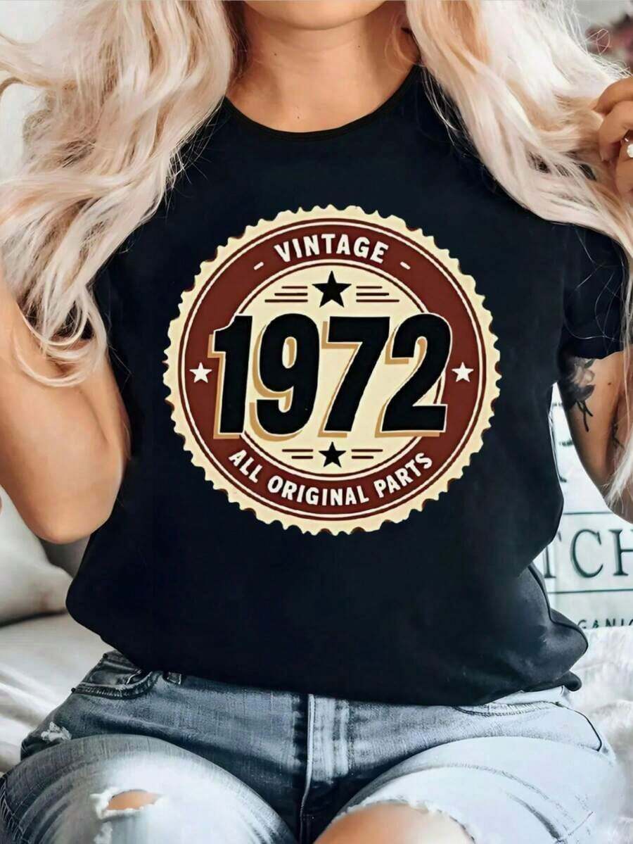 ComfortableCamiseta Vintage de Talla Grande para Mujer 1972 con Cuello Redondo y Estampado Gráfico - Top Retro de Manga Corta con Estrella y Letras, Tejido Elástico, Lavable a Máquina, Camiseta Casual de Primavera Verano Otoño, Moda Nostálgica, Ajuste CómodoFashion All-match Women's Short Sleeve T-shirt, Basic Style for Inner & Outer Wear - Negro - Ver 1