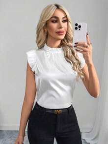 Blusa de satén de unicolor con mangas de tapa para uso diario, blusas sin mangas - Blanco - Ver 3