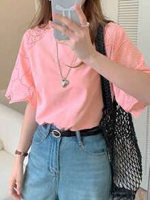 Camiseta casual de ciudad elegante de manga corta con parches de encaje para mujer - Rosa - Ver 3