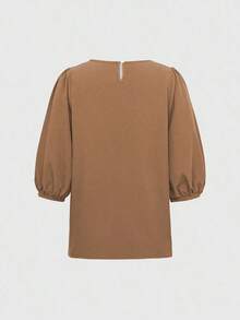 Blusa casual suelta de manga farol de cuello redondo de unicolor de verano para mujeres, top de manga tres cuartos - Amarillo - Ver 2