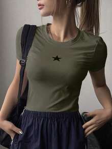 Camiseta de mujer con estampado de estrella de manga corta estilo Y2K - Verde militar - Ver 4