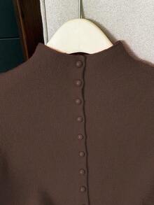 Suéter de mujer de punto con cuello alto, sin mangas, diseño de botones, suelto y casual, color rojo, para primavera/otoño - Café integral - Ver 4