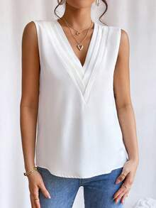 Blusas y tops sin mangas para mujer con cuello en V sólido para el trabajo - Blanco - Ver 6