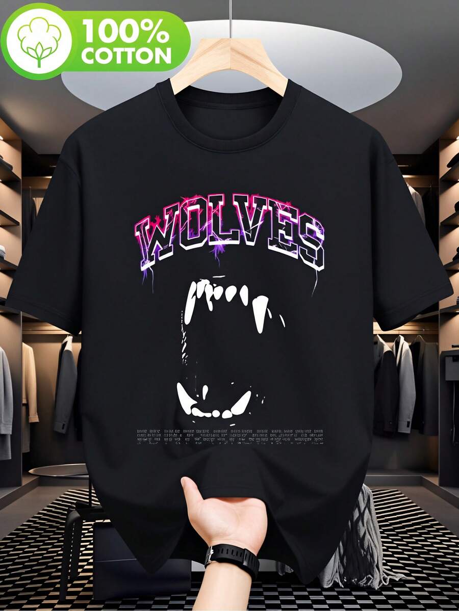 Men's Darcsport Vintage Outdoor T-Shirt - Hip-Hop Streetwear, Relaxed Oversized Style, Black With Pink And Purple Wolf Design, Year-Round Casual Shirt, Striking Graphic Outdoor Streetwear T-Shirt With A Comfortable Fit, Darcsport - 黑色 - 查看 1