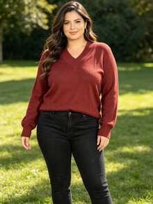 Steve Store Women's Fashion Knitwear Plus Size Basic Sweater V-Neck Long Sleeve Winter Fashion - cobre escuro - 查看 4