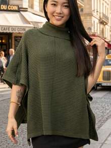 Women's High-Neck Knit Coat, Cape Style, Ideal For Autumn And Winter Looks, Perfect For The Blogger Style. High In The Front And Low In The Back. Pointelle Knit. - 軍綠色 - 查看 1