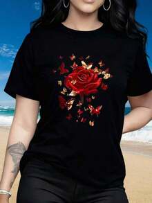 Women's Graphic Short Sleeve T-Shirt, Women's Round Neck Short Sleeve T-Shirt, Red Roses And Butterflies Design,  Black Graphic Print T-Shirt, Summer Beachwear, Fun Prints Suitable For Valentine's Day, Christmas, Parties, Sports Activities, Vacations, Outings, Sports And Other Festive Gifts (220g). TopsVintage - 黑色 - 查看 1