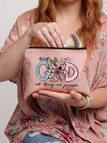 1pc Christian Floral Print Makeup Bag, With God All Things Are Possible Quote Cosmetic Pouch,Available In 6 Colors, Portable Toiletry Organizer For Travel, An Ideal Gift For Back-To-School Season, Christmas, Birthdays, Mother's Day, And Travel Essentials Lovers. - Multicolor - View 4
