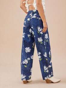 Jeans de pierna de barril acortados con estampado floral de tiro alto, ropa linda de otoño para mujeres para conciertos country - Azul lavado medio - Ver 2