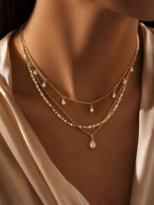 1 Stück Wassertropfen Anhänger Halskette für Frauen, mehrlagige Kette Choker, modischer weiblicher Party Glanz Schmuck Geschenk - Goldgelb - Übersicht 1