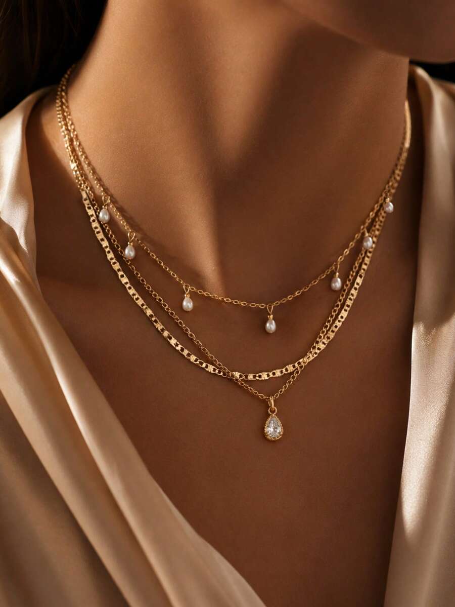 1 Stück Wassertropfen Anhänger Halskette für Frauen, mehrlagige Kette Choker, modischer weiblicher Party Glanz Schmuck Geschenk - Goldgelb - Übersicht 1