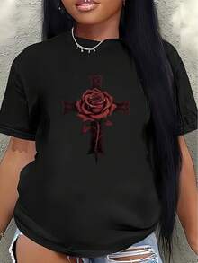 Camiseta de manga corta, ligera y duradera, con un diseño de cruz de rosas rojas, es perfecta para usar en casa, en una cafetería o como ropa casual al aire libre, ofreciendo una experiencia de uso cómoda para el día a día.blusa casual mujer - Negro - Ver 7