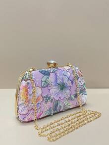 1pc Elegant Shiny Multi-Color Leaf & Floral Patchwork Crossbody Bag, Vintage Chain Strap Evening Clutch, Mini Square Box Handbag, Suitable For Party Girls, Brides, College Students, Young Professionals, Random Pattern, Pink, Wedding Theme, Women's Evening Bag - Lilac Purple - View 6