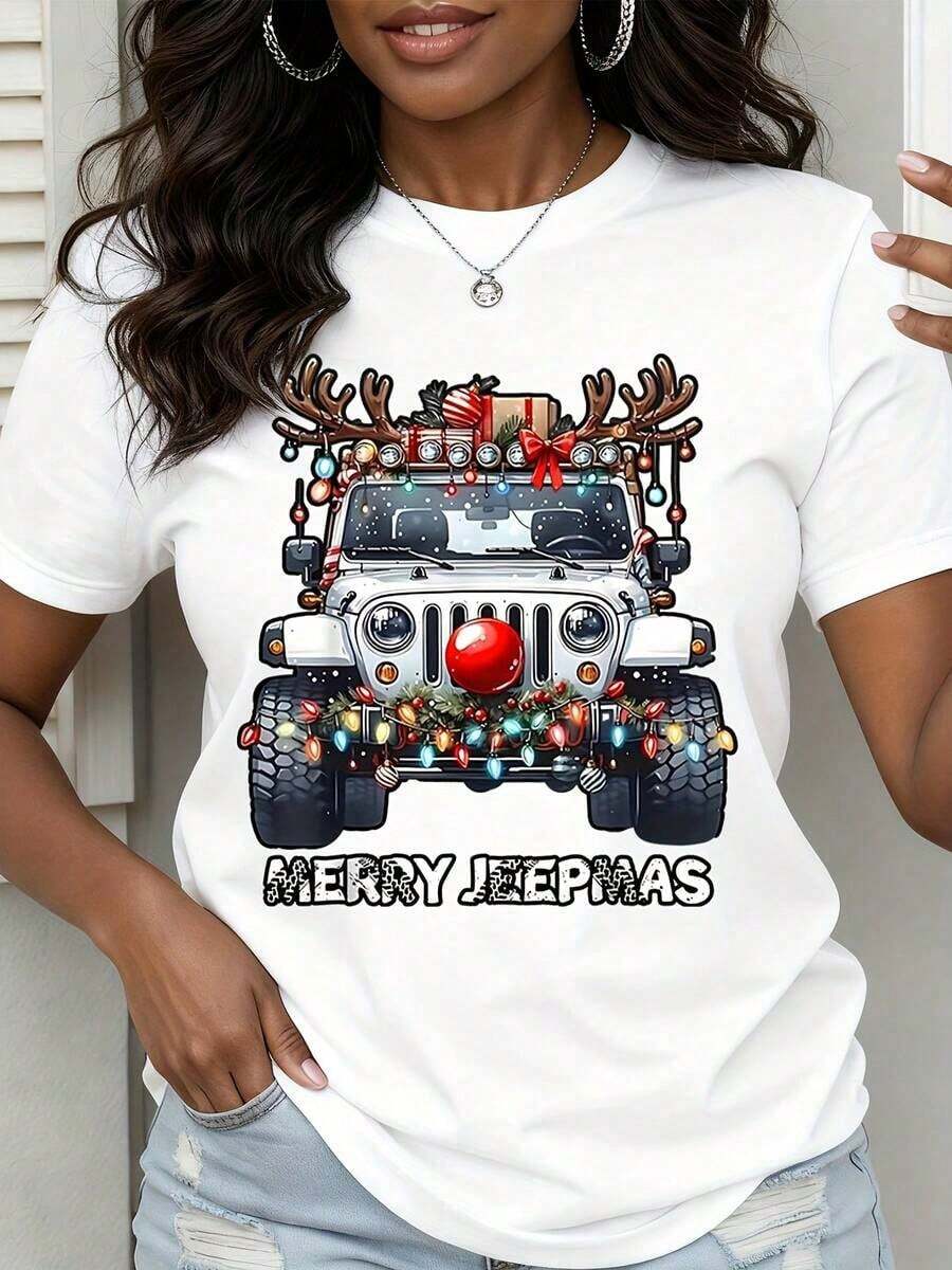 Camiseta de Navidad Merry Jeepmas, Camiseta Gráfica Divertida para Hombres y Mujeres, Regalo de Navidad, Camiseta de Estilo Vintage Urbano Unisex, de Algodón, Manga Corta, Cuello Redondo, 100% Algodón - Blanco - Ver 1