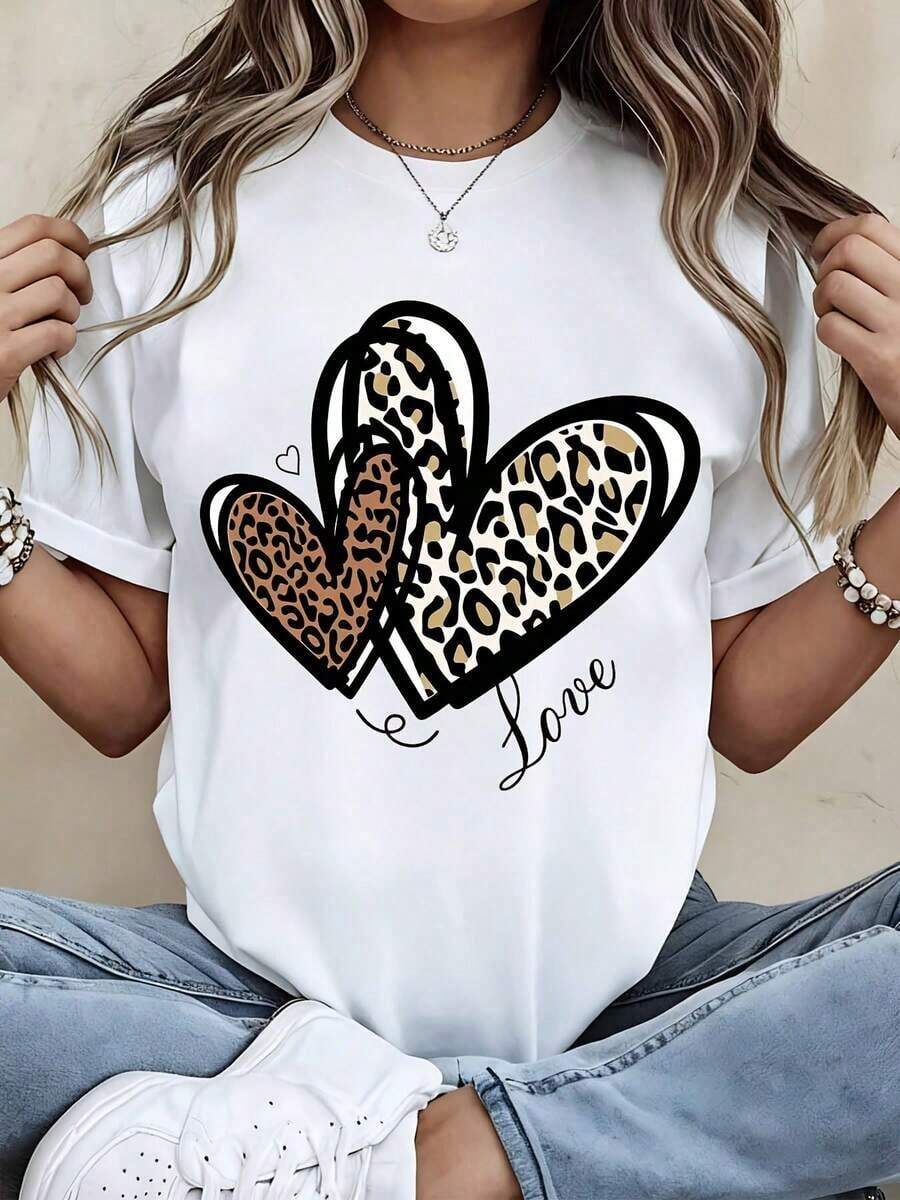 Casual Loose Fit T-Shirt With Leopard Heart Print And Love Text For Everyday Wear And Sports Activities - Unisex Vintage Urban Style, Short Sleeve Cotton Crew Neck T-Shirt, 100% Cotton - 白色 - 查看 1