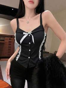 Áo hai dây ren gợi cảm thắt nơ, dáng ngắn ôm sát, thích hợp mặc mùa hè cho nữ. - màu đen - Xem 2