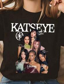 Ropa de niña: camiseta de miembro de Katseye con firma rosa, camiseta gráfica vintage de  de Katseye, camiseta de la gira Katseye Beautiful Chaos, linda camiseta de manga corta de  de grupo de chicas, casual, cómoda, a la moda, minimalista, creativa y divertida, adecuada para uso casual al aire libre, primavera/verano, Día de San Valentín, blusas para mujer, blusas, blusas casuales para mujer, tops casuales para mujer, tops de mujer, tops, unisex. - Negro - Ver 6