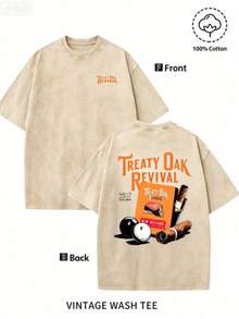 Men'S Bold "TREATY OAK REVIVAL" Print T-Shirt, Casual Round Neck Short Sleeve, 230g Washed Cotton, Summer High Quality Casual Sportswear, - 杏色 - 查看 3