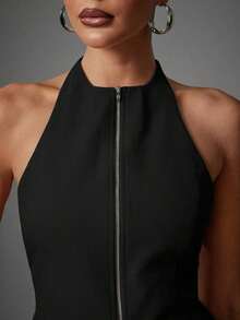 Sleeveless Halter Top With Front Closure And Open Back, Solid Color And Sexy Casual Style For Women - 黑色 - 查看 5