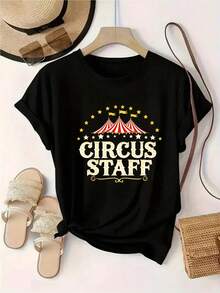 Camiseta de mujer, camiseta de moda femenina con estampado retro de circo.| Camiseta casual de manga corta| Elementos esenciales de moda de verano con estilo callejero de carnaval - Negro - Ver 1