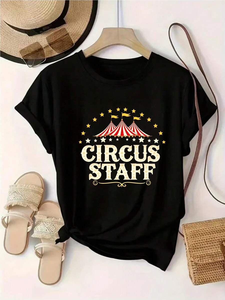 Camiseta de mujer, camiseta de moda femenina con estampado retro de circo.| Camiseta casual de manga corta| Elementos esenciales de moda de verano con estilo callejero de carnaval - Negro - Ver 1