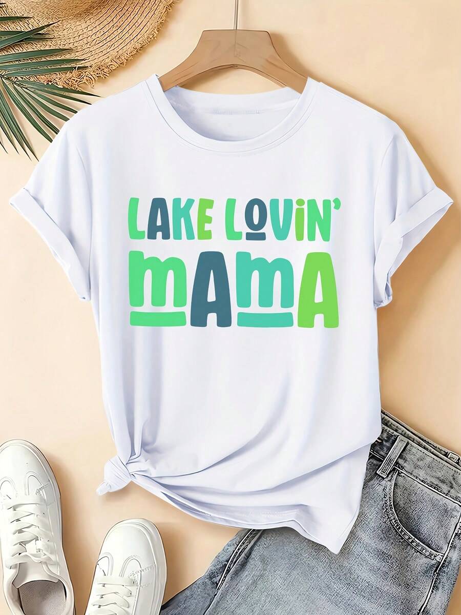 Camiseta de mujer, de talla grande, informal, ideal para regalo, con estampado LAKE LOVIN' MAMA, adecuada para primavera, verano y otoño. Camiseta de cuello redondo y manga corta, moderna para ir al trabajo, de vacaciones y para uso diario. Top versátil de estilo vintage. - Blanco - Ver 1
