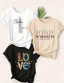 3 Nuevo modelo : Camiseta streetwear, Top oversized cuello redondo daily outings, camping, concerts, hip-hop, rock, and rap events casual de manga corta para mujer, con un símbolo de cruz que simboliza a Cristo, estampado floral con la frase "Su gracia es suficiente para amar", camiseta de manga corta con cuello redondo para mujer, top deportivo casual transpirable de algodón puro, regalo para las fiestas. - Blanco - Ver 1