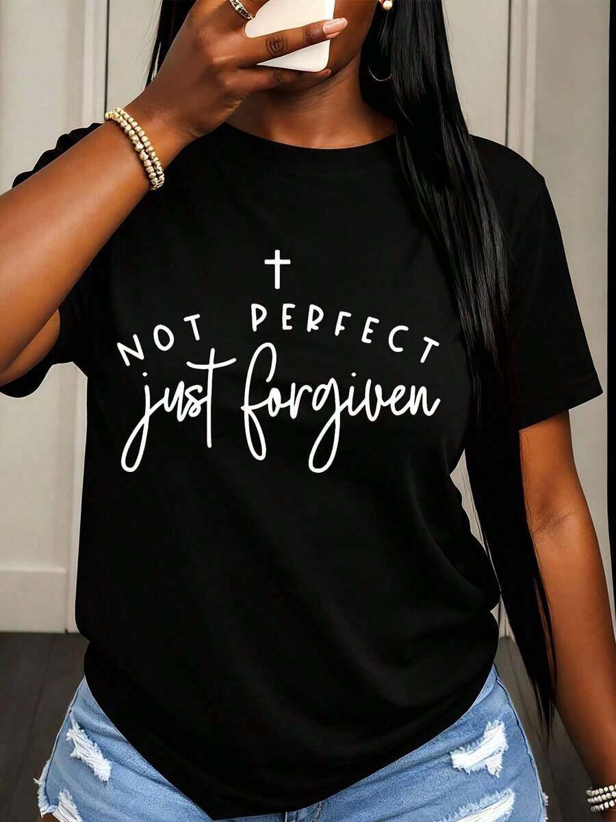 Camiseta Casual para Mujer con Estampado de Cruz "No Perfecta, Solo Perdona", Declaración de Fe Cristiana, para Uso Diario y Eventos Religiosos - Negro - Ver 1