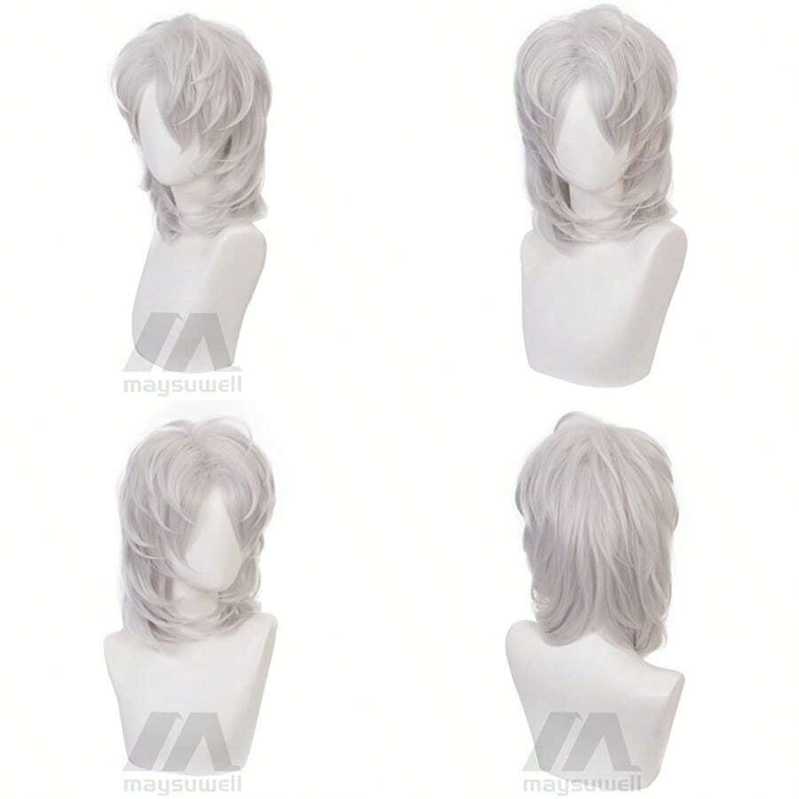 Anime wig Cosplay Wigs for Silver short hair for Men Women for Halloweencarnival Costume Party with Cap - Blanco - Ver 1