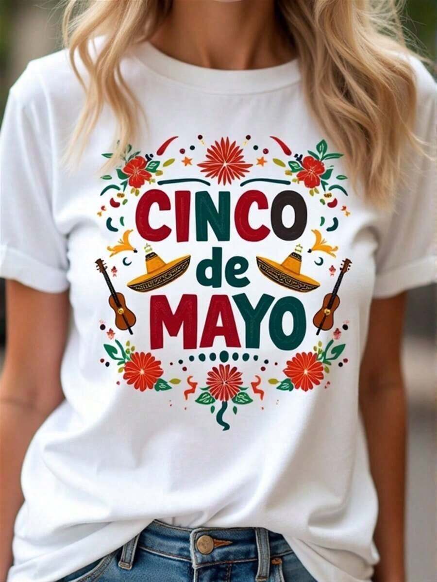 Mujeres Retro Mexicano Fiesta Camiseta - Cinco De Mayo Fiesta Superior Con Maracas, Guitarras & Sombrero Diseño - Ligero Transpirable Corto Manga Camisa En Vibrante Rojo, Verde, Dorado & Blanco Imprimir Encendido Negro - Suelto Ajuste Redondo Cuello Para Temático Celebraciones & Graduación Informal Vintage Imprimir, Suelto Tee, Ropa fresca de verano para mujeres al aire libre - Blanco - Ver 1