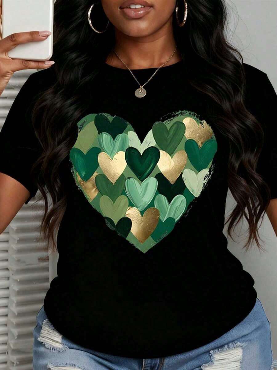 Camiseta Divertida de Manga Corta con Estampado de Corazones Verdes y Dorados para Mujer, 100% Algodón, Camiseta Casual para Uso Diario, Fiesta, Regalo para Vacaciones, 100% Algodón Puro - Negro - Ver 1