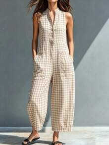 Mono corto nuevo de verano para mujer, estilo casual, sin mangas, cuello alto, con bolsillos, diseño fresco, cómodo, perfecto para looks de día, paseos, viajes y uso diario - Albaricoque - Ver 5