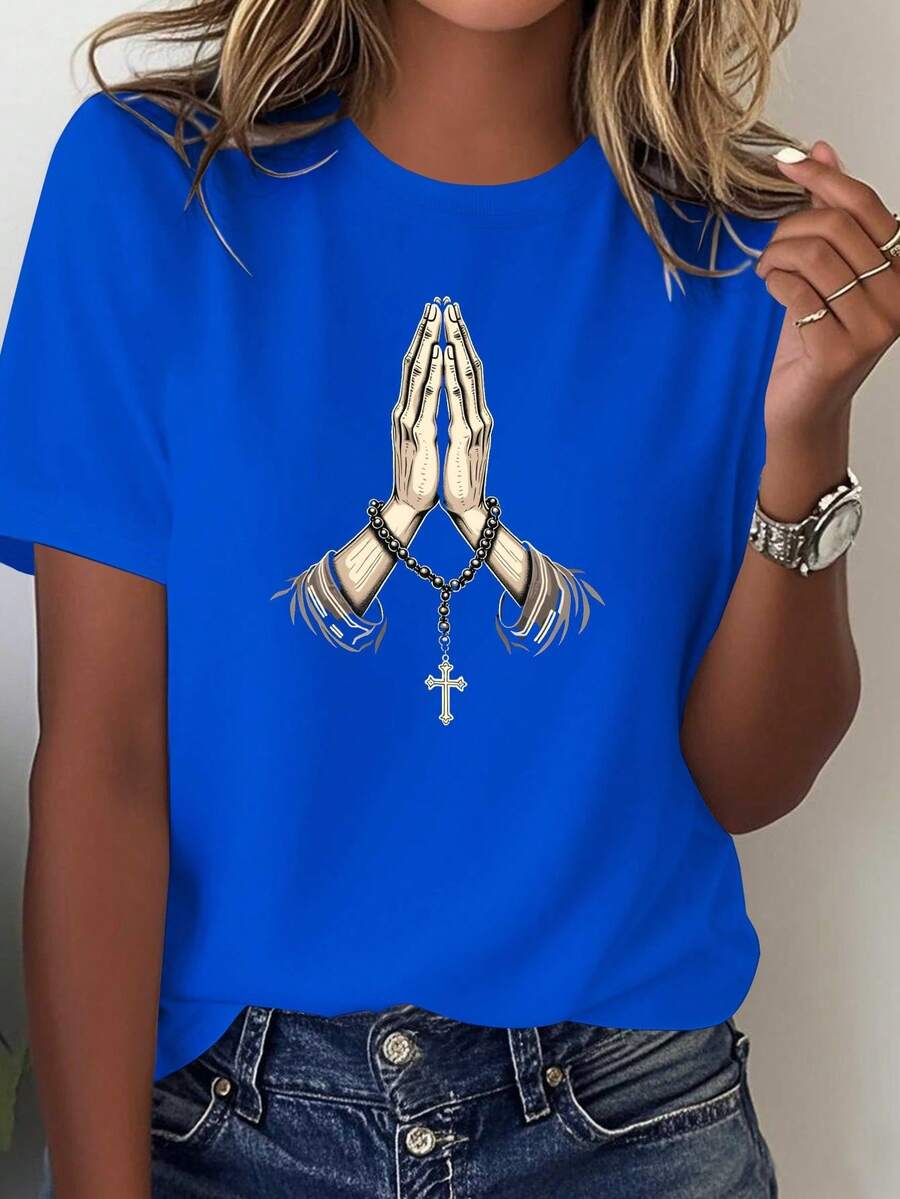 Camiseta de Algodón para Mujer de Diseño Sencillo y Versátil con Brazalete de Oración y Cruz - Ropa Religiosa, estilo casual con cuello redondo suave, adornada con motivos de gesto de oración y cruz, lavable a máquina, adecuada para la iglesia y el uso diario. - Azul - Ver 1