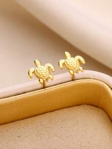 1 Pair Cute Ocean Style Sea Turtle Stud Earrings, 18K Gold Plated Stainless Steel Earrings, Niche Accessories, Beach Trip & Daily Wear Gift - Golden 3 - View 2