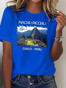 Camiseta estampada de algodón puro para mujer, de Machu Picchu, Perú, blusa casual de manga corta, cómoda y versátil para mujer. - Azul - Ver 1