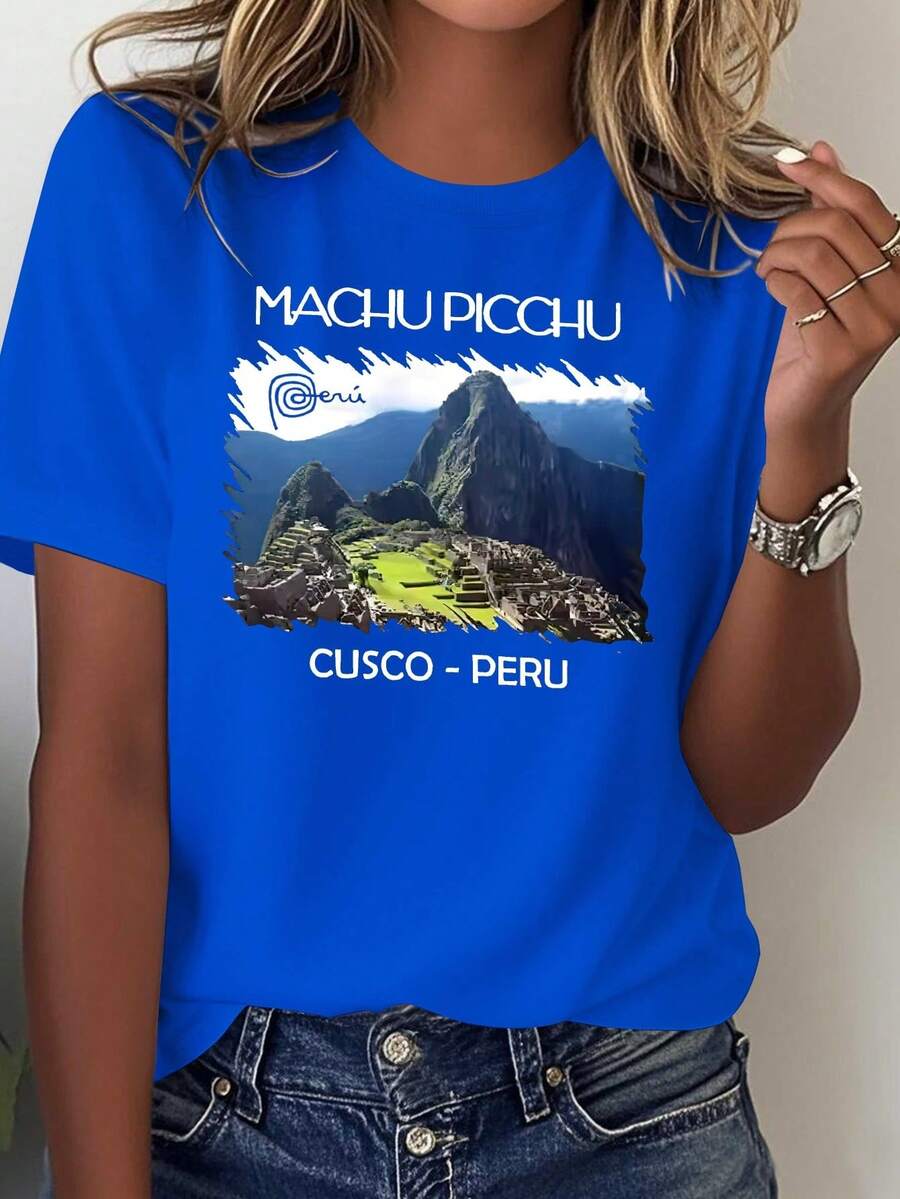 Camiseta estampada de algodón puro para mujer, de Machu Picchu, Perú, blusa casual de manga corta, cómoda y versátil para mujer. - Azul - Ver 1