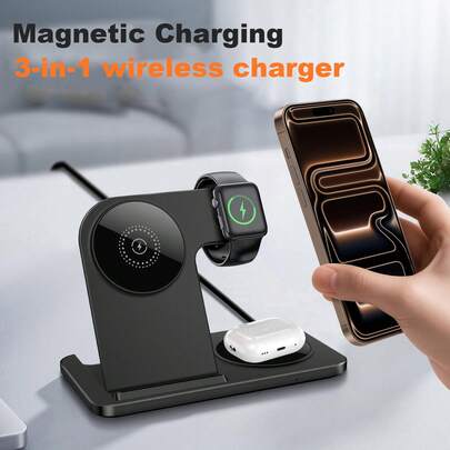 3-In-1 Foldable Magnetic Wireless Charger Stand, Fast Charging Dock Compatible With Apple Watch Ultra/SE/11/10/9/8/7/6/SE/5/4/3/2, 4/3/2/Pro/Pro2, 17/Air/16/15/14/13 Pro/Pro Max/12/11/X/Xr/Xs/8 Plus