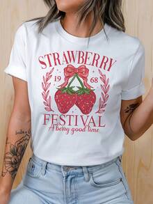 Camiseta de Moda con Estampado de Fresas para Mujer, de Primera Calidad |   La primera opción para primavera y verano, adecuada para todas las estaciones, estilo casual, un gran regalo para amigos y familiares. Ecológico. - Blanco - Ver 1