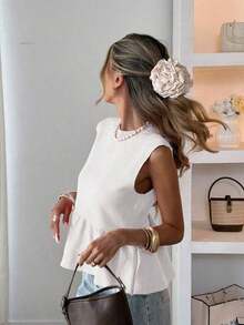Blusa sin mangas de punto para mujer, estilo minimalista casual, unicolor, bajo con volantes, favorecedora, adecuada para ir a trabajar, citas, vacaciones, tiempo libre - Beis - Ver 4